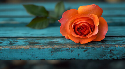 Single rose lying on a wooden bench symbolizing solitude love and introspection contrasting modern aesthetics with the natural element of the flower representing hope amidst chaos in a minimalist comp