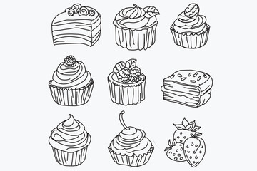 Hand-drawn illustration of various cakes and cupcakes with berries and cream.