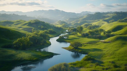 A quiet river winding through a valley, surrounded by green hills and dotted with quaint wooden bridges