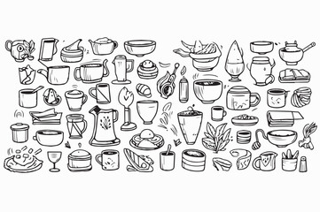 Hand-drawn illustration of various coffee and tea cups, mugs, bowls, and kitchen utensils.