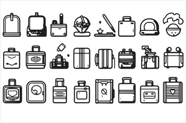 Collection of various suitcase and bag icons in black and white line art style.