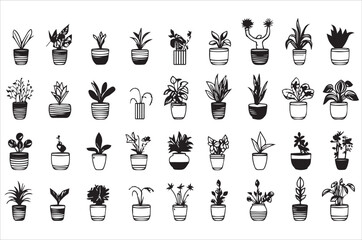 Collection of potted plants, black and white illustration.