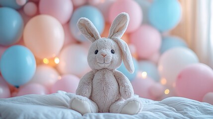 Fluffy Bunny Toy Sits On Bed Among Balloons