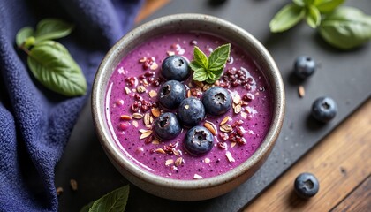 Healthy blueberry smoothie bowl topped with fresh blueberries and granola in a rustic setting