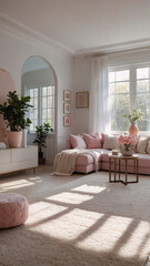 Fototapeta premium Serene pastel pink relaxation room with soft couch plush rug large window flowers romantic curtains and stylish modern decor