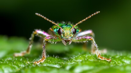 Fototapeta premium Close-up of a vibrant green jewel beetle on a leaf.