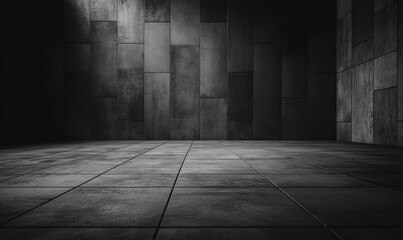 Dark, cinematic image of textured concrete room with tiled floor