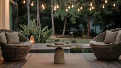 Obraz premium Dining room in the garden, cafe, event decoration. Light bulb hanging white parasol