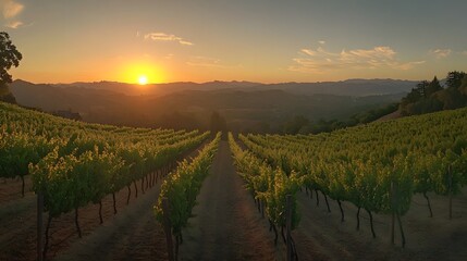 Naklejka premium A panoramic view of a sprawling vineyard with rows of grapevines stretching out under a golden sunset sky