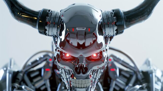 Futuristic evil robot with red eyes and horns looking at the camera, AI generated image