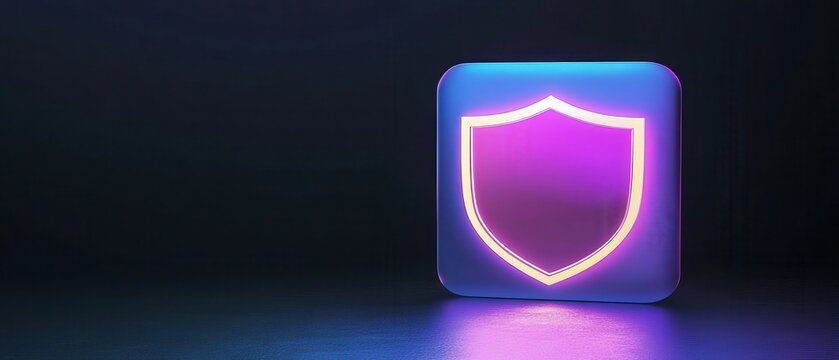Digital Fortress Concept. Digital shield icon with glowing edges, representing security and protection in a modern, sleek design against a dark background.