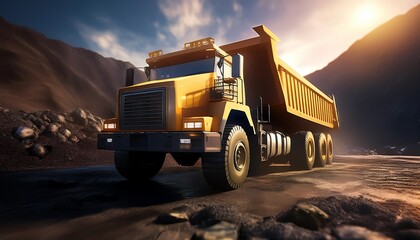 A yellow dump truck is parked on a rugged road, illuminated by sunlight, with mountains in the background, showcasing its powerful and robust design.
