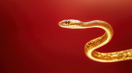 Fototapeta premium delicate golden snake gracefully curves against vibrant red background, showcasing its intricate scales and captivating eyes. This striking image evokes sense of elegance and allure