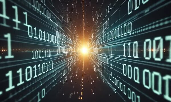 Digital data tunnel, city lights background