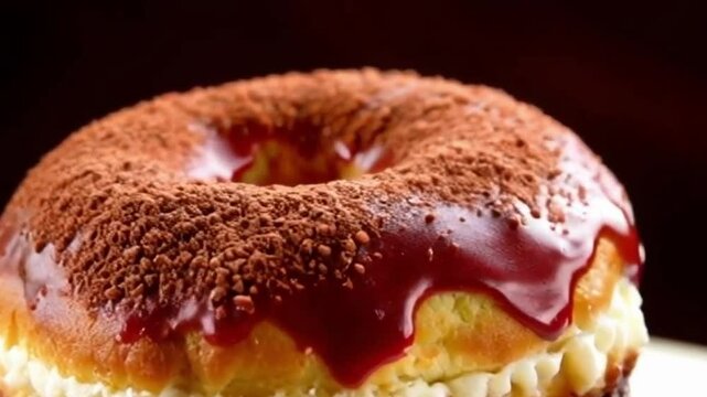 Berry cocoa cronut with raspberry glaze, cocoa powder, and warm lighting, featuring a vibrant glossy finish