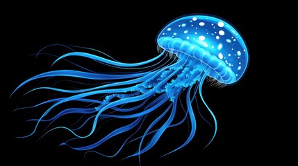 Glowing blue jellyfish with long tentacles isolated on black background.