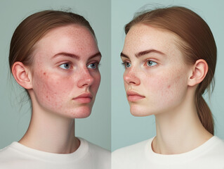 A young women with redness and rosacea. A concept of transformation, before and after face. Rosacea skin treatment and healing process	