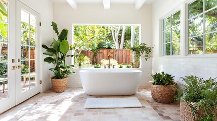 Bright bathroom with freestanding tub, potted plants, and large windows overlooking a garden.