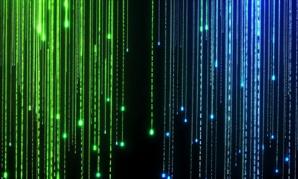 Digital rain; binary code streams, green & blue, dark background; tech backdrop