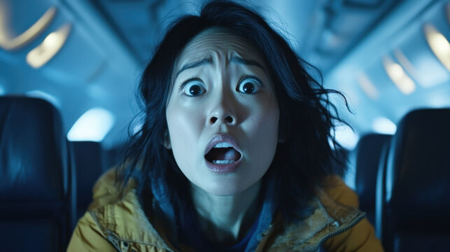 Horrified woman on airplane, expressing fear and anxiety during flight. Her shocked expression captures intensity of moment