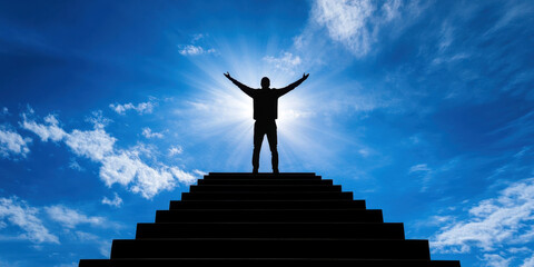 Silhouette of person standing on stairs against bright sky, symbolizing achievement and hope. image conveys sense of triumph and inspiration