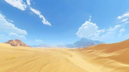 Fototapeta premium A vast desert landscape with golden sand dunes stretching to the horizon, under a brilliant blue sky