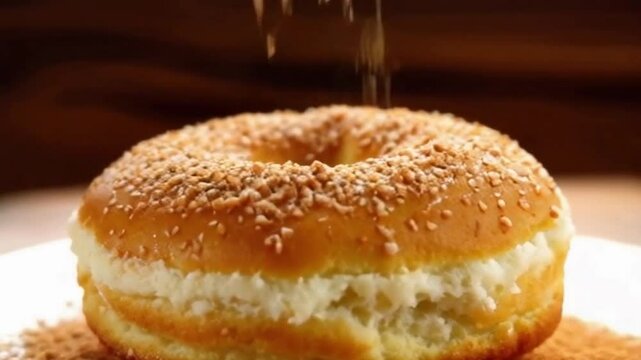 Cinnamon sugar cronut with cinnamon sugar and golden lighting, creating a cozy homely atmosphere with a slow-motion effect