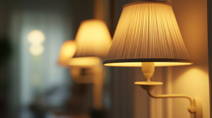 Elegant lamps with warm lighting create cozy atmosphere in stylish interior. soft glow enhances room ambiance, making it inviting and comfortable