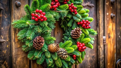 Fototapeta premium Close-up of a vibrant green Christmas wreath, perfect holiday door decoration.