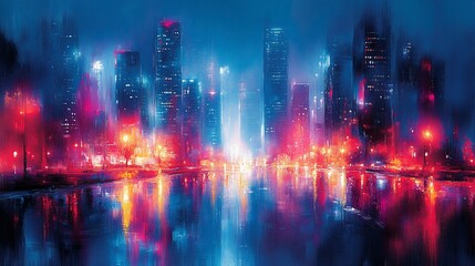 Obraz premium Night cityscape reflecting in wet street, vibrant colors.