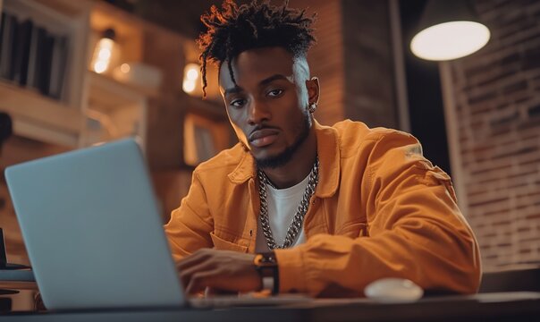 Focused young man working on laptop in a modern home office setting. - Powered by Adobe