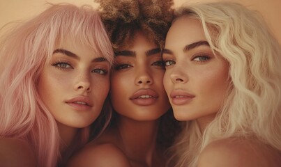 Obraz premium Three diverse women with beautiful makeup and hairstyles close together, looking directly at the camera.
