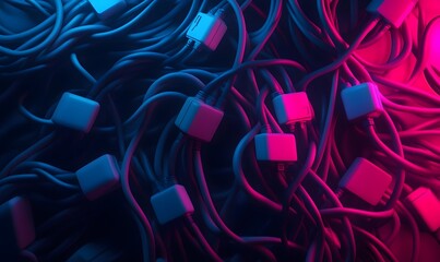 Abstract tangled cables with glowing cubes.