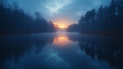 Fototapeta premium Serene Sunset Over Misty Lake And Trees