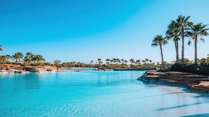 A serene tropical landscape featuring clear blue water and palm trees under a bright sky.