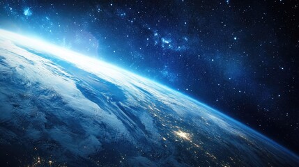 Stylized image of Earth at night with a starry sky.