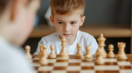 A focused child engages in a chess game, contemplating his next move against an unseen opponent.