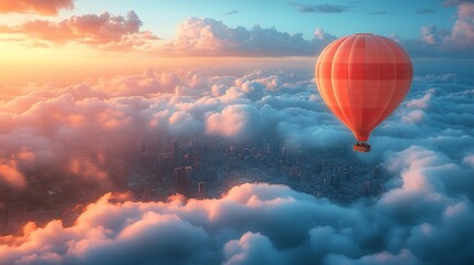Fototapeta premium Hot Air Balloon Soaring Above Cityscape In Sunset Clouds