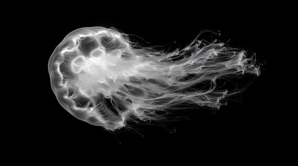 A translucent jellyfish with long, flowing tentacles floats against a black background.