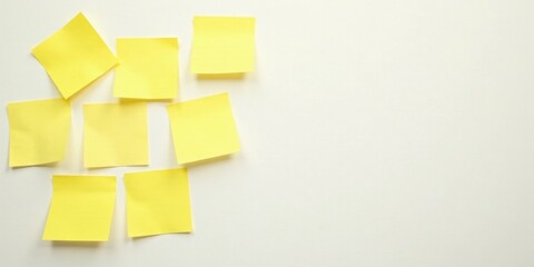 Yellow sticky notes scattered on a blank surface for reminders or brainstorming