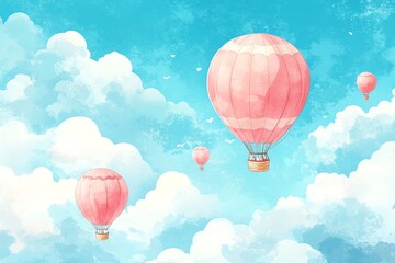Fototapeta premium A whimsical scene of four pink hot air balloons floating high in a blue sky dotted with white clouds.