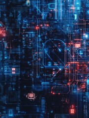 A digital cityscape with red and blue circuitry, neon lights, and a sense of high tech.