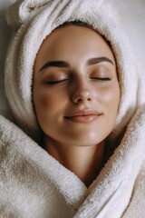A woman with closed eyes and a pink lipstick smiling, indicating she is enjoying a relaxed facial massage. Her skin appears freshly washed and she looks to be in a soothing spa setting.