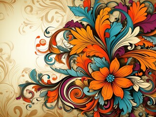 A vibrant floral artwork featuring bold orange, turquoise, and pink flowers with swirling leaves and intricate patterns on a beige background. Ideal for decorative, artistic, or creative design.