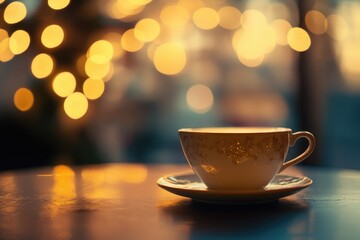 A golden cup of tea on a table, set against a blurred bokeh backdrop of Christmas lights.