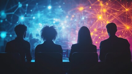 Diverse team of employees in a control room looking at a network graphic.