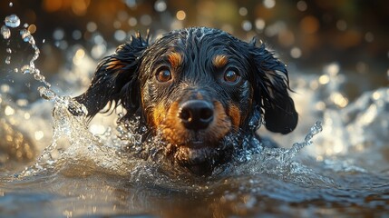 American Water Spaniel paddling energetically through clear blue water