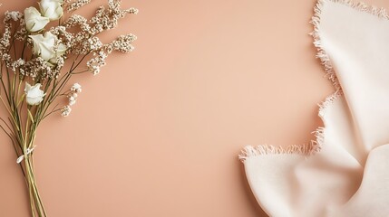 Fototapeta premium White Flowers and Cream Fabric on Peach Background