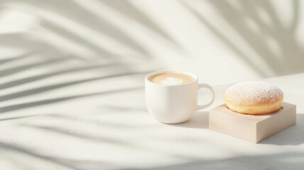 Fototapeta premium Latte art coffee with powdered donut on wooden stand under soft shadows