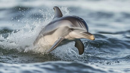 Obraz premium A dolphin leaps from the ocean, creating a splash of water. The dolphin's sleek body and powerful movements are captured in this dynamic image.